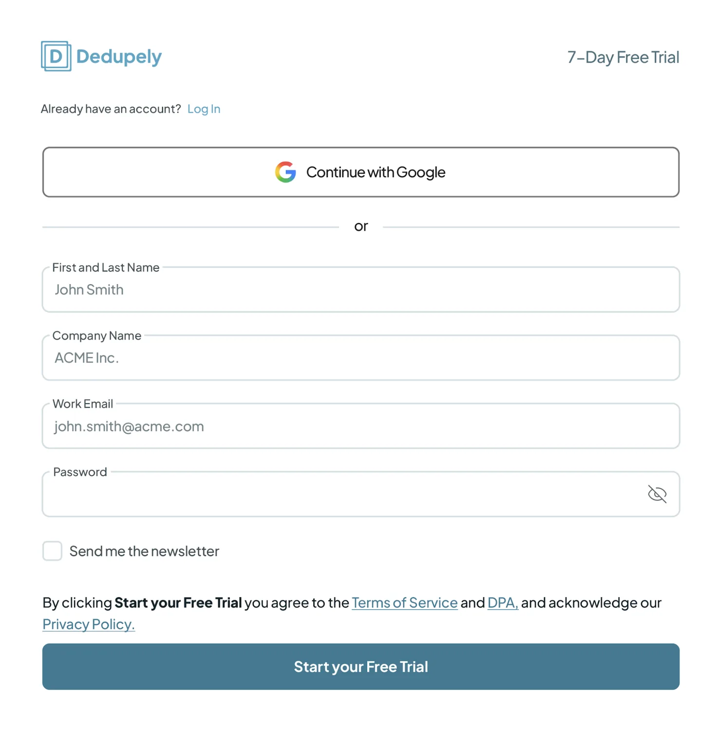 Il modulo di registrazione di Dedupely: Continua con Google, oppure nome, azienda, email di lavoro e password, sopra il pulsante Inizia la prova gratuita.