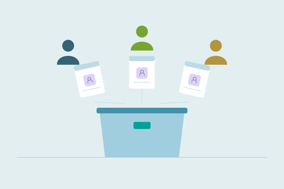 Three people and their contact cards above a merge funnel