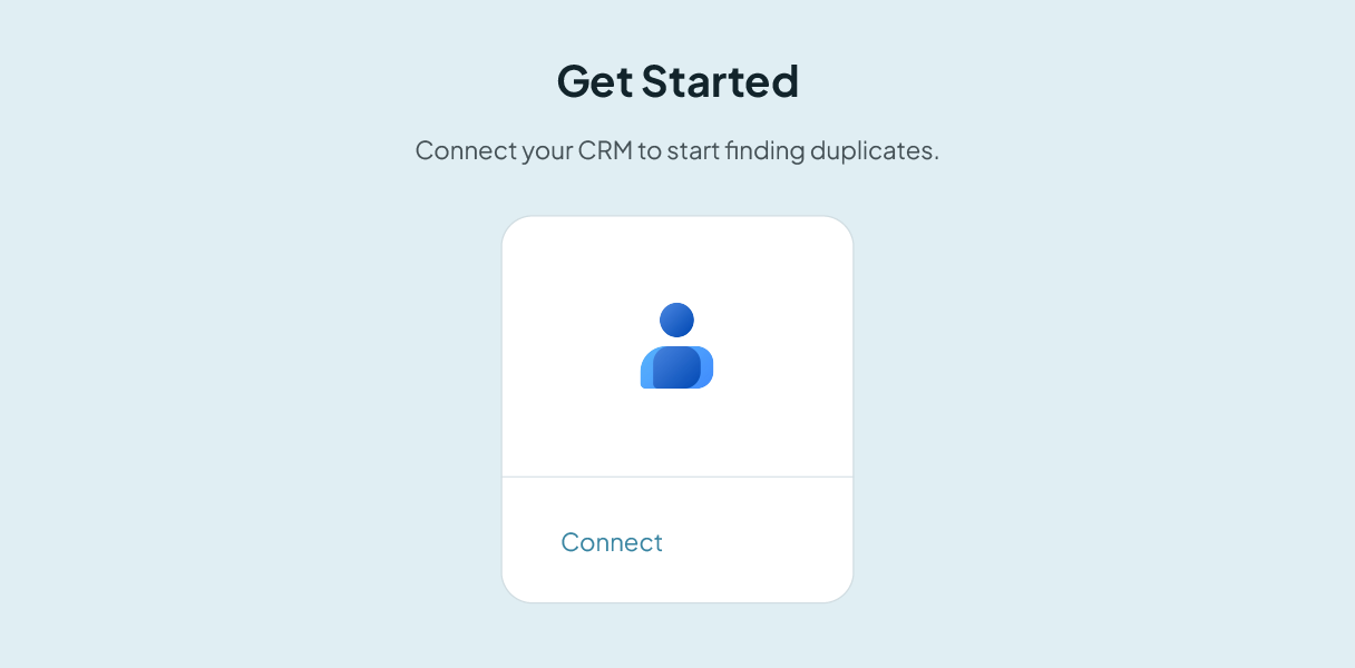 The Connect a CRM screen in Dedupely, showing a Google Contacts tile with a Connect button.