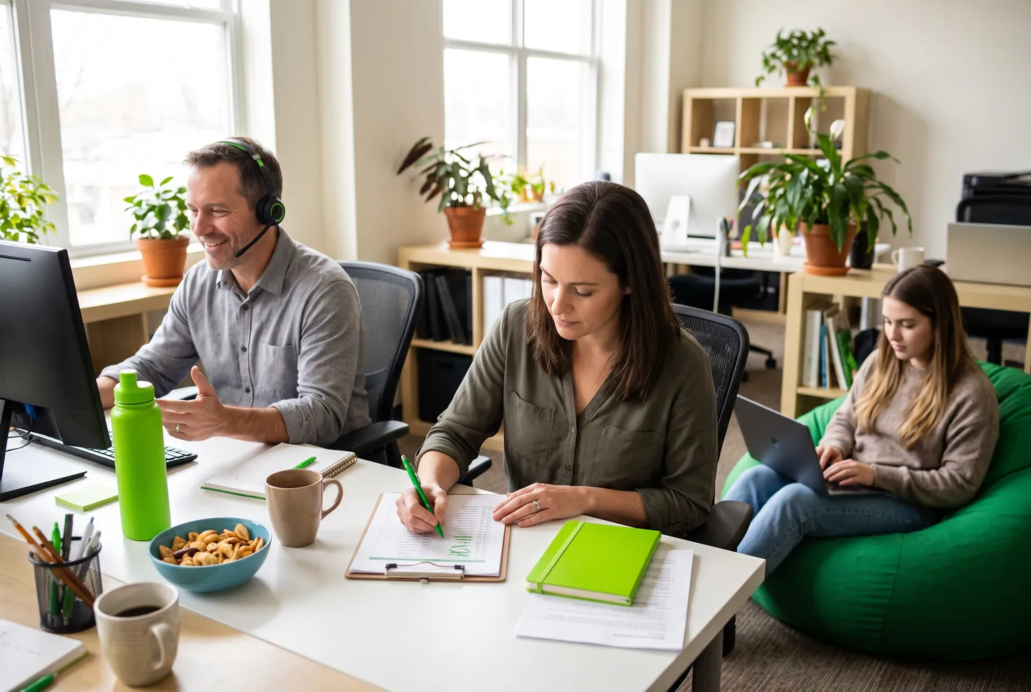 A sales team at work, one rep on a headset call