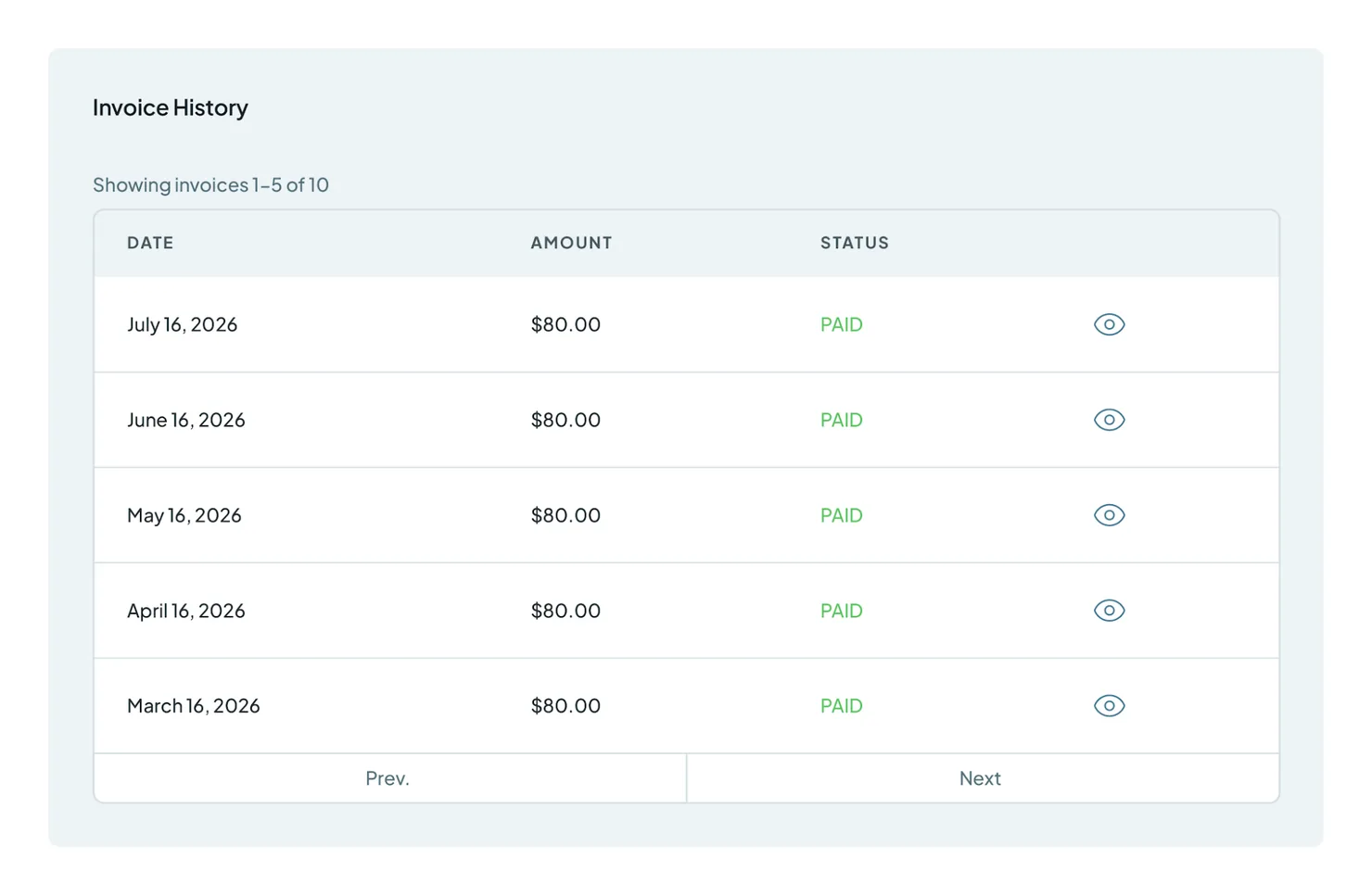 The Invoice History table: each invoice by date, amount and status, with an eye icon to open it.