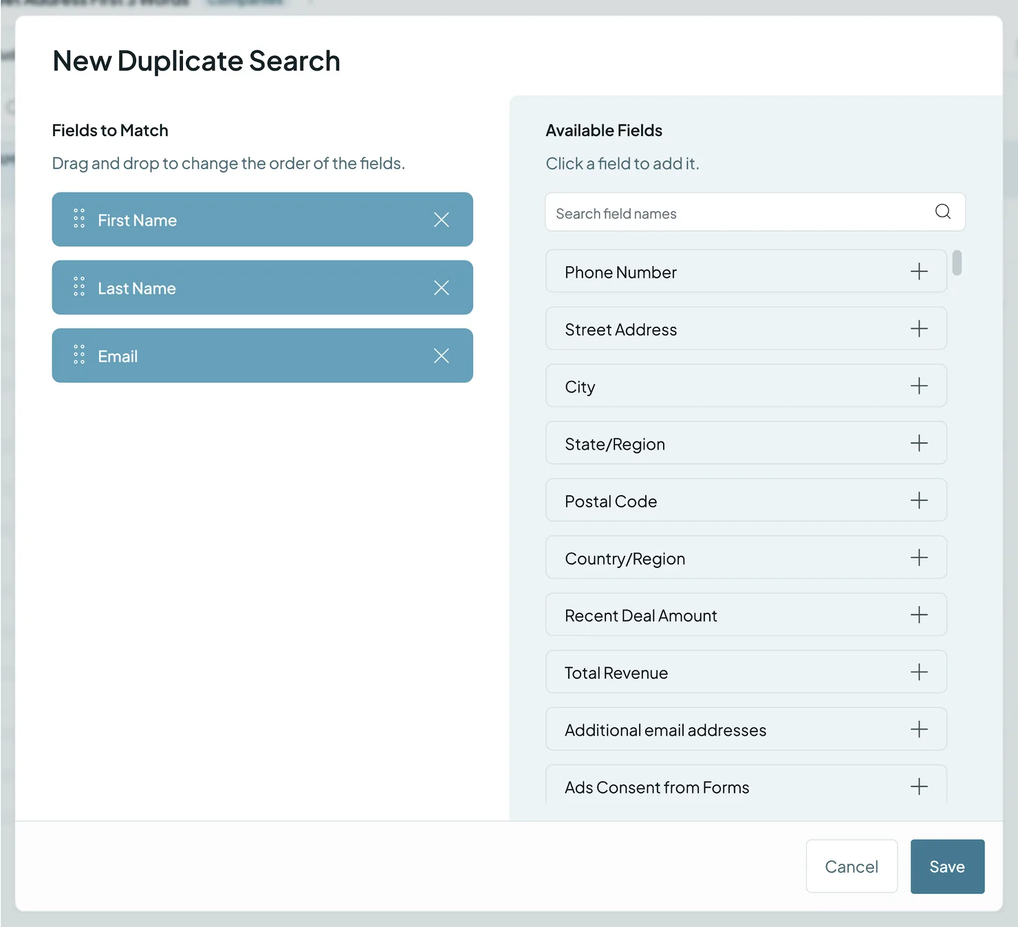 New Duplicate Search, with First Name, Last Name and Email chosen from the Available Fields