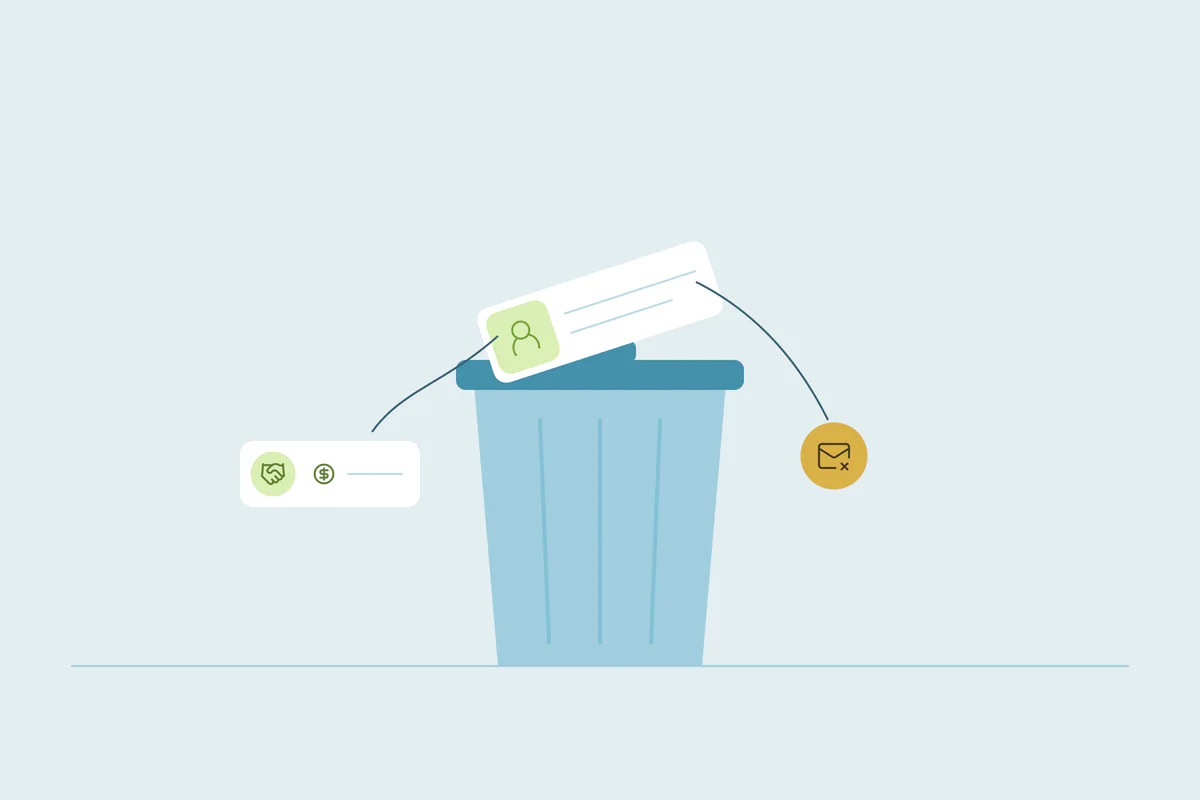 Contact records above a trash bin beside a merge decision