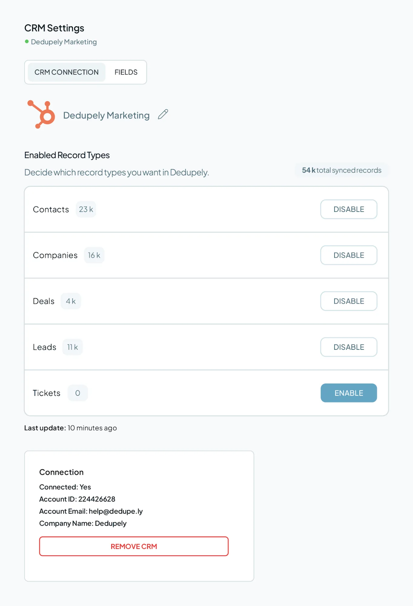 CRM-Einstellungen einer HubSpot-Verbindung: jeder Datensatztyp mit Anzahl und einer Schaltfläche zum Deaktivieren, darunter insgesamt 54.000 synchronisierte Datensätze.
