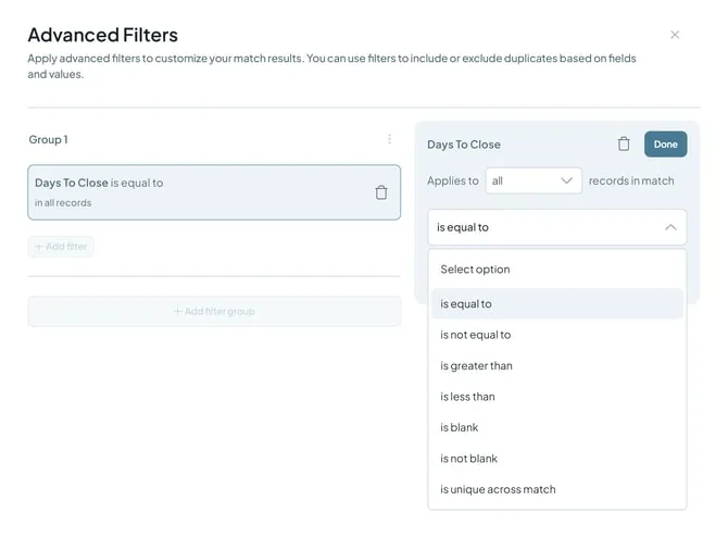 The Advanced Filters dialog, building a filter group with the condition dropdown open.